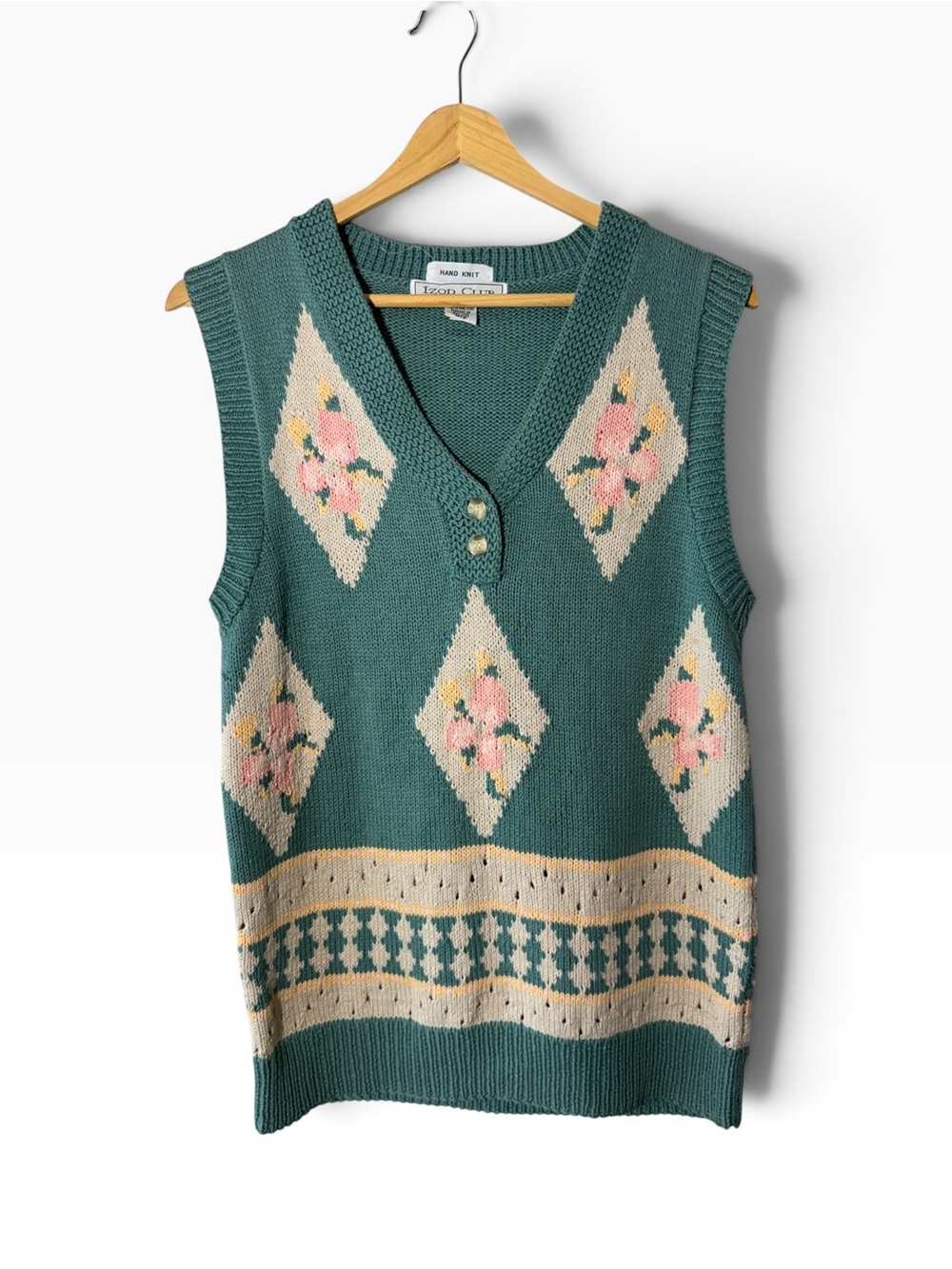 Vintage Izod Club Sweater Vest Hand knit 100% Cotton Size Small